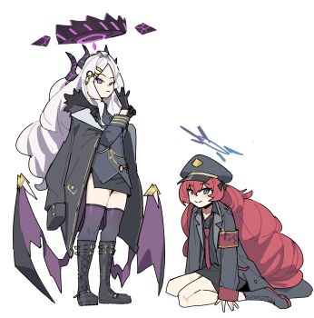 2girls ahoge armband black_coat black_gloves black_halo black_hat black_skirt black_thighhighs blue_archive coat coat_on_shoulders commentary demon_girl demon_horns demon_wings english_commentary full_body gehenna_academy_logo gloves halo hat highres hina_(blue_archive) horns iroha_(blue_archive) long_hair low_wings multiple_girls necktie purple_halo red_armband red_hair simple_background sitting skirt standing thighhighs thighs very_long_hair white_background white_hair wings zaigrandeu