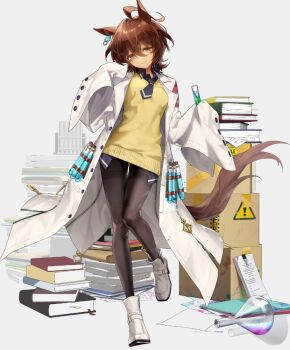 1girl agnes_tachyon_(tach-nology)_(umamusume) agnes_tachyon_(umamusume) animal_ears black_necktie black_pantyhose book book_stack boots box_stack breadrye brown_eyes closed_mouth coat commentary_request full_body holding holding_test_tube horse_ears horse_girl horse_tail korean_commentary lab_coat leg_up long_sleeves looking_at_viewer necktie pantyhose short_necktie simple_background smile solo standing tail test_tube umamusume vest white_background white_boots white_coat wide_sleeves yellow_vest