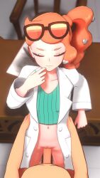 1boy 1girl 3d animated bottomless clothed_female_nude_male glasses_on_head green_eyes hetero highres lab_coat nintendo nude orange_hair overused23 pokemon pokemon_swsh pov sex side_ponytail sonia_(pokemon) standing standing_missionary standing_sex table tagme vaginal video