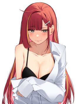 1girl akane_lize bare_shoulders black_bra black_eyes bra breasts cleavage collarbone hair_ornament hairclip highres large_breasts long_sleeves mole mole_under_eye multicolored_hair off_shoulder red_hair shirt simple_background solo stellive streaked_hair string_bra talnory underwear uneven_eyes upper_body virtual_youtuber white_background white_shirt