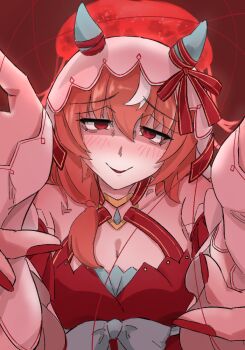 1girl animal_ears blush breasts bridal_gauntlets cleavage commentary_request dress full_moon fur-trimmed_vest fur_trim furrowed_brow hair_between_eyes halterneck horse_ears horse_girl javelinlin1108 medium_breasts moon nail_polish o-ring reaching reaching_towards_viewer red_dress red_eyes red_moon red_nails solo still_in_love_(umamusume) string string_of_fate umamusume veil vest white_bridal_gauntlets white_veil