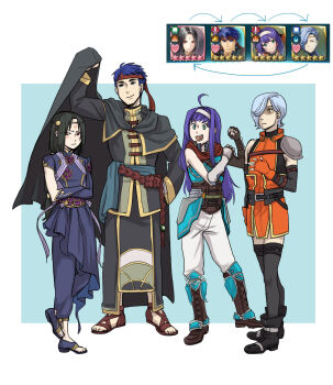 1girl 3boys ahoge alternate_costume armor blue_eyes blue_hair blush cape commentary cosplay costume_switch crossdressing crossdressing_(mtf) crossed_arms english_commentary facial_mark fire_emblem fire_emblem:_path_of_radiance fire_emblem:_radiant_dawn fire_emblem_fates fire_emblem_heroes forehead_mark group_costume_switch hair_over_one_eye hairband headband highres ike_(fire_emblem) ike_(fire_emblem)_(cosplay) ike_(vanguard_legend)_(fire_emblem) illiaccrest long_hair mia_(fire_emblem) mia_(fire_emblem)_(cosplay) multiple_boys nintendo purple_hair red_eyes red_headband sandals shigure_(dark_sky_singer)_(fire_emblem) shigure_(fire_emblem) shigure_(fire_emblem)_(cosplay) short_hair soren_(fire_emblem) soren_(fire_emblem)_(cosplay)