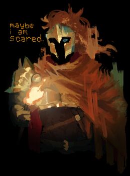 1other absurdres armor cloak corpsejerky d3rlord3 dim_lighting english_text galea_helmet glowing helmet highres holding holding_torch knight painterly red_cloak searching_for_a_world_that_doesn&#039;t_exist shoulder_armor solo source_quote torch upper_body