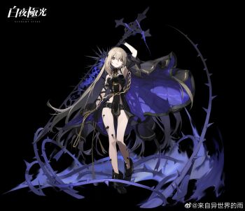 1girl absurdres aiguillette alchemy_stars ame_jang ankle_boots areia_(alchemy_stars) arm_at_side arm_ribbon arm_up armpits bare_shoulders black_background black_boots black_coat black_dress black_gloves black_ribbon black_shorts blonde_hair boots braid breasts brown_eyes chain chinese_commentary choker coat coat_partially_removed copyright_name cross cross_choker dress fire fishnet_top fishnets flaming_sword flaming_weapon fold-over_boots full_body gloves gold_chain greatsword half_up_braid highres holding holding_sword holding_weapon long_hair looking_at_viewer material_growth official_art padded_coat parted_lips pelvic_curtain pigeon-toed purple_coat ribbon short-sleeved_coat short_dress short_shorts short_sleeves shorts simple_background sleeveless sleeveless_dress small_breasts solo spikes standing straight-on sword thorns very_long_hair watermark weapon weibo_watermark