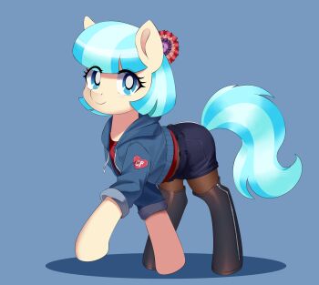 1990s_(style) alternate_costume animal animal_focus animification black_thighhighs blue_background blue_hair blue_jacket blue_shorts clothed_animal coco_pommel commentary drawstring faux_retro_artstyle flower full_body hair_flower hair_ornament highres initial jacket looking_at_viewer my_little_pony my_little_pony:_friendship_is_magic no_humans open_clothes open_jacket pantyhose pony_(animal) red_shirt retro_artstyle shadow shirt short_hair shorts simple_background solo standing thighhighs vinilyart walking