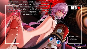 1girl 2boys evernight_(honkai:_star_rail) evil_smile feet footjob gloves hat highres honkai:_star_rail honkai_(series) male march_7th_(honkai:_star_rail) merkotek multiple_boys nail_polish paid_reward_available penis pink_hair pom-pom_(honkai:_star_rail) red_background red_eyes red_nails smile soles submission toes umbrella