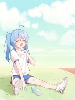 1girl absurdres ahoge arahashi_tabi bandaid_on_thigh blue_hair blue_shorts bottle center-flap_bangs commentary_request day electromocha full_body gym_shirt gym_shorts gym_uniform highres hot korean_commentary long_hair multicolored_hair open_mouth outdoors raised_inner_eyebrows shirt shoes short_sleeves shorts sitting sky sneakers solo stellive streaked_hair sweat twintails virtual_youtuber water_bottle white_shirt