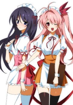 2girls alion_9715 antenna_hair aoi_sena apron back_bow black_thighhighs blush bow breasts chaos;head derivative_work dress from_side hand_on_own_chest highres holding long_hair looking_at_viewer maid_apron maid_headdress medium_breasts miniskirt multiple_girls one_eye_closed one_side_up open_mouth pink_dress pink_eyes pink_hair puffy_short_sleeves puffy_sleeves purple_eyes purple_hair red_bow redrawn sakihata_rimi science_adventure shiny_skin short_sleeves simple_background skirt small_breasts thighhighs thighs tongue white_thighhighs