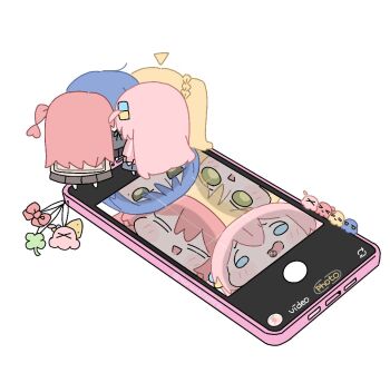 4girls ahoge black_skirt blonde_hair blue_eyes blue_hair blue_skirt blush_stickers bocchi_the_rock! brown_cardigan cardigan cellphone charm_(object) chibi closed_eyes cube_hair_ornament detached_ahoge figures_taking_selfie_(meme) gotoh_hitori green_eyes hair_ornament ijichi_nijika jacket kita_ikuyo long_hair meme mole mole_under_eye multiple_girls one_side_up open_mouth phone pink_hair pink_jacket red_hair selfie side_ponytail simple_background skirt smartphone smile standing track_jacket twitter_username white_background yamada_ryo yunayuispink