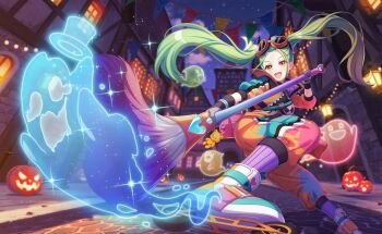 Rule 34 | 1girl, :d, akiru kamira, black border, black gloves, border, breasts, building, candy, commentary request, eyewear on head, food, game asset, ghost, gloves, goggles, goggles on head, green hair, halloween, halloween bucket, halloween costume, highres, holding, jack-o'-lantern, lantern, letterboxed, lollipop, long hair, night, non-web source, official art, open mouth, orange eyes, orange pants, outdoors, paintbrush, pants, paper lantern, pillarboxed, pumpkin, pumpkin hat, self-datamine, sky, smile, solo, sparkle, star (sky), swirl lollipop, trick or treat, twintails, very long hair, world dai star, yellow eyes