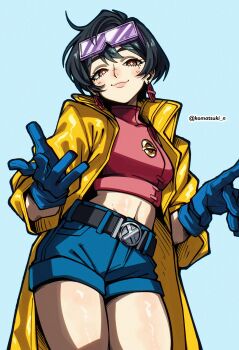 absurdres artist_name belt black_belt black_hair blue_background blue_gloves blue_shorts breasts bright_pupils closed_mouth coat commentary cowboy_shot crop_top earrings english_commentary eyewear_on_head gloves highres jewelry jubilee komatsuki_n lips looking_at_viewer marvel midriff open_clothes open_coat purple-framed_eyewear purple-tinted_eyewear rectangular_eyewear red_eyes red_shirt shirt short_hair shorts simple_background small_breasts smile tinted_eyewear twitter_username white_pupils x-men yellow_coat