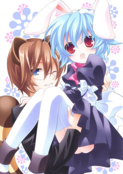 10s 1boy 1girl :d animal_ears bad_id bad_pixiv_id blue_hair blush brown_hair bunny_(trickster) bunny_maid_(trickster) dress flower glasses grin hairband hat maid maid_headdress moru one_eye_closed open_mouth rabbit_ears raccoon_(trickster) raccoon_ears raccoon_tail red_eyes ribbon short_hair smile tail thighhighs trickster_(ntreev_soft) white_thighhighs zettai_ryouiki