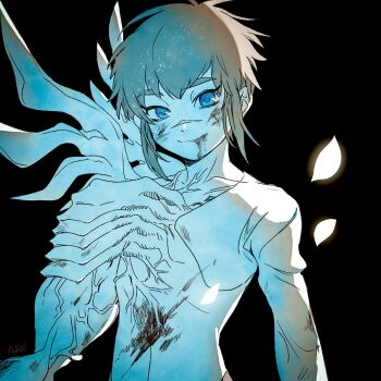 1boy alma_karma aopon16 asymmetrical_arms black_background blood blood_on_face blood_stain blue_eyes blue_theme bruise bruise_on_face coughing coughing_blood d.gray-man falling_petals highres injury long_sleeves looking_at_viewer mutation petals scar scar_on_face scar_on_nose short_hair sidelocks single_sleeve smile solo tendril tendril_arm thick_eyebrows topless_male white_petals wings