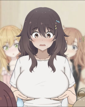 5girls ahoge black_hair blonde_hair blush breasts brown_eyes brown_hair collarbone furutachi_kurea grabbing_own_breast green_eyes hair_ornament hairclip hibi_wa_sugiredo_meshi_umashi higa_tsutsuji hoshi_nana kawai_mako large_breasts long_hair looking_at_breasts looking_down multiple_girls ogawa_shinon open_mouth orange_eyes pink_shirt poa_mellhen ponytail scrunchie shirt short_sleeves side_ponytail standing sweat upper_body white_shirt