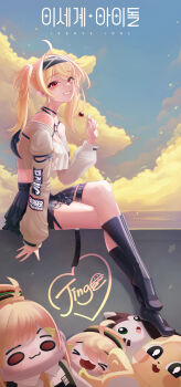 Rule 34 | 1girl, absurdres, ahoge, bare shoulders, belt, black boots, black choker, black hairband, black skirt, blonde hair, blue sky, boots, breasts, candy, character doll, character name, choker, cleavage, cloud, cloudy sky, commentary, copyright logo, crop top, crossed legs, doll, food, from side, full body, grin, hairband, happy birthday, high heel boots, high heels, highres, holding, holding candy, holding food, holding lollipop, iinfp (artist), incredibly absurdres, jingburger, knee boots, korean commentary, large breasts, logo, lollipop, long hair, long sleeves, looking at viewer, midriff, miniskirt, off-shoulder shirt, off shoulder, outdoors, pleated skirt, red eyes, shirt, sitting, skirt, sky, smile, solo, thigh strap, translated, twintails, virtual youtuber, waktaverse, white shirt