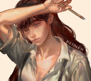 Rule 34 | 1girl, artist name, black hairband, blue eyes, clair obscur: expedition 33, clea (clair obscur: expedition 33), collarbone, commentary, english commentary, freckles, hairband, hand up, highres, holding, holding paintbrush, keibleh, lips, long hair, nose, one eye closed, paintbrush, realistic, red hair, shirt, simple background, single tear, solo, suspenders, upper body, white background, white shirt