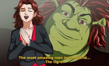 1boy 1girl akezawa_emi bad_id bad_tumblr_id brown_eyes brown_hair colored_skin cosplay derivative_work grappler_baki green_skin hanma_yujiro hanma_yuujirou_(cosplay) kajiforces long_hair mike_myers monster ogre own_hands_together parody pointy_ears red_lips red_shirt screencap screenshot_redraw shirt shrek shrek_(series) smile subtitled thick_eyebrows zoom_layer