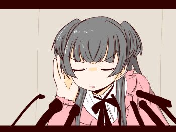 Rule 34 | 1girl, black hair, black ribbon, blunt bangs, closed eyes, commentary, frilled shirt, frills, grey background, hand on own ear, hand up, highres, idolmaster, idolmaster shiny colors, letterboxed, long hair, long sleeves, mayuzumi fuyuko, microphone, mojisanp, neck ribbon, nonomura ryuutarou, open mouth, parody, pink shirt, ribbon, shirt, silhouette, solo, two side up, upper body, v-shaped eyebrows
