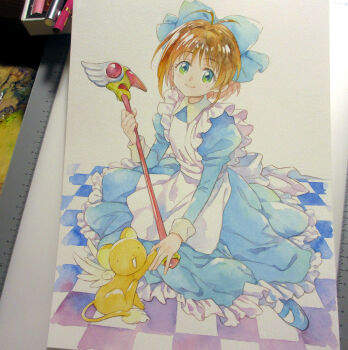 ._. 1girl agahari alice&#039;s_adventures_in_wonderland alice_(alice_in_wonderland) alice_(alice_in_wonderland)_(cosplay) antenna_hair apron back_bow black_eyes blue_bow blue_dress blue_shoes bow brown_hair cardcaptor_sakura checkered_floor closed_mouth collared_dress commentary_request cosplay creature dress frilled_apron frilled_dress frills fuuin_no_tsue green_eyes hair_bow highres holding holding_wand kero_(cardcaptor_sakura) kinomoto_sakura long_dress mary_janes on_floor open_mouth painting_(medium) photo_(medium) shoes short_hair sitting smile socks traditional_media wand white_apron white_bow white_socks white_wings wings