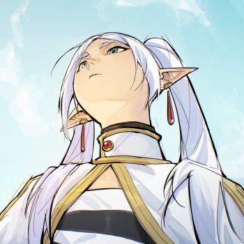 1girl blue_sky capelet cirrus_clouds closed_mouth cloud commentary earrings elf expressionless fantasy frieren green_eyes high_collar highres jewelry long_hair looking_up meme perspective pointy_ears real_sixer121 short_eyebrows sky solo sousou_no_frieren symbol-only_commentary teardrop_earrings twintails upward_angle_frieren_drawing_(meme) white_hair