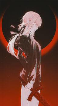 Rule 34 | 1girl, artoria pendragon (fate), black background, black jacket, black ribbon, black shorts, blonde hair, cowboy shot, fate/grand order, fate (series), fov ps, gradient background, hair ribbon, highres, holding, holding sword, holding weapon, jacket, long hair, long sleeves, looking at viewer, profile, red background, ribbon, saber alter, saber alter (ver. shinjuku 1999), shorts, solo, sword, weapon, yellow eyes