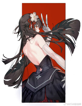1girl bare_back black_dress black_hair commentary_request dress flower girls&#039;_frontline girls&#039;_frontline_2:_exilium gloves hair_ornament holding holding_knife knife looking_back red_background red_eyes sakura_(girls&#039;_frontline_2) solo starshadowmagician type_100_(girls&#039;_frontline) type_100_(tale_of_the_butterflies)_(girls&#039;_frontline) watermark weibo_watermark white_flower white_gloves