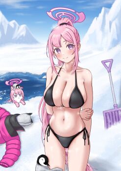 absurdres arms_behind_back bikini bird black_bikini blue_archive blush breasts commentary_request eimi_(blue_archive) eimi_(swimsuit)_(blue_archive) hair_tie halterneck hand_on_own_arm highres huge_breasts jacket long_hair napweasel navel official_alternate_costume penguin pink_eyes pink_hair pink_jacket ponytail sidelocks smile swimsuit unworn_jacket weasel