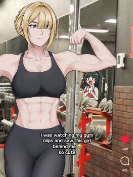 2girls abs arm_up astra_yao biceps black_hair blonde_hair blush braid braided_bun breasts cellphone closed_mouth drooling english_text evelyn_chevalier flexing gym hair_bun hair_over_one_eye heart heart-shaped_pupils high_ponytail highres holding holding_phone leggings long_hair looking_at_another mirror mole mole_under_eye multiple_girls ninjacats18 nose_blush open_mouth phone photo-referenced photo_background ponytail purple_eyes reflection single_hair_bun smartphone sports_bra stomach symbol-shaped_pupils toned toned_female user_interface very_long_hair wide-eyed yuri zenless_zone_zero