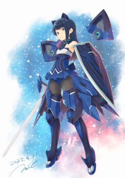 1girl alice_gear_aegis blue_eyes blue_hair errant highres holding holding_sword holding_weapon koashi_mutsumi long_hair mecha_musume shield sword weapon