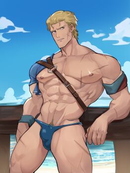 1boy abs absurdres bara blonde_hair blue_eyes blue_male_swimwear bulge commentary cross_scar english_commentary fire_emblem fire_emblem:_mystery_of_the_emblem fire_emblem_heroes highres kaito_(kaitobaras) large_pectorals male_focus male_swimwear multiple_scars muscular muscular_male navel_hair nintendo nipples ocean ogma_(fire_emblem) ogma_(summer)_(fire_emblem) outdoors paid_reward_available parted_lips pectorals scar scar_across_eye scar_on_face short_hair sky solo