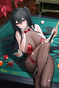 1girl :q absurdres animal_ear_hairband animal_ears azur_lane ball billiard_ball black_hair bow bowtie breasts commentary copyright_name cue_stick cup drinking_glass fake_animal_ears hair_spread_out hairband highres huge_breasts leotard light_particles long_hair official_alternate_costume one_side_up pantyhose playboy_bunny pool_table qing_wu rabbit_ear_hairband rabbit_ears red_bow red_bowtie red_eyes red_leotard red_nails sideboob sitting solo table taihou_(azur_lane) taihou_(fun_on_the_baize)_(azur_lane) tongue tongue_out torn_clothes torn_pantyhose very_long_hair wine_glass