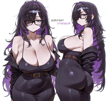 1girl artist_name ass black_dress black_hair black_jacket breasts chokopaii cleavage colored_inner_hair commentary_request curvy dress glasses goddess_of_victory:_nikke hair_over_one_eye highres jacket label_(nikke) large_breasts long_hair looking_at_viewer mole mole_on_breast multicolored_hair multiple_views open_clothes open_jacket purple_eyes purple_hair sideboob simple_background sleeveless sleeveless_dress tight_clothes tight_dress white_background