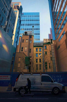 Rule 34 | 1boy, black hair, black pants, blue hoodie, blue sky, building, city, commentary, dark skin, day, english commentary, from side, highres, hood, hoodie, lamppost, motor vehicle, new york city, original, painterly, pants, raphael-lacoste, reflective surface, road, scenery, sky, skyscraper, street, van, very dark skin, window