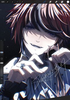 1boy alternate_costume art_program_in_frame black_hair blue_eyes chinese_commentary commentary_request fangs film_grain hands_up head_tilt highres jewelry long_sleeves looking_at_viewer male_focus multicolored_hair nuomiyuyuli open_mouth portrait procreate_(medium) procreate_(software) red_hair ring signature smile solo streaked_hair sumino_takumi the_hundred_line_-last_defense_academy- two-tone_hair