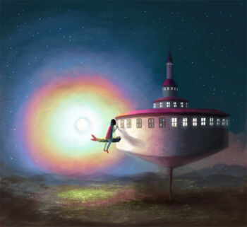 Rule 34 | 1girl, black hair, blue sky, commentary request, dress, flying, food, full body, house, nuq, original, outdoors, red dress, short hair, shrimp, shrimp tempura, sky, solo, spinning top, star (sky), starry sky, sun, tempura