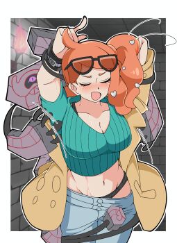 1girl absurdres aqua_eyes aqua_nails aqua_shirt arms_up blush breasts brown_coat closed_eyes coat collarbone denim eyewear_on_head gen_8_pokemon ghost ghost_tail hair_ornament hat heart heart_hair_ornament highres jeans ken725011186 large_breasts midriff nintendo nose_blush one-eyed orange-tinted_eyewear orange_hair pants pokemon pokemon_(creature) pokemon_swsh purple_eyes ribbed_shirt runerigus shirt side_ponytail sonia_(pokemon) sunglasses sweatdrop tam_o'_shanter tickling tinted_eyewear v-neck