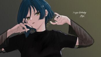 1girl absurdres black_arm_warmers black_nails black_shirt blue_hair blunt_ends bocchi_the_rock! character_name commentary_request expressionless green_eyes happy_birthday highres jewelry nail_polish necklace necklace_pull parted_lips saltyacurry see-through_arm_warmers shirt short_hair short_sleeves solo yamada_ryo yellow_eyes