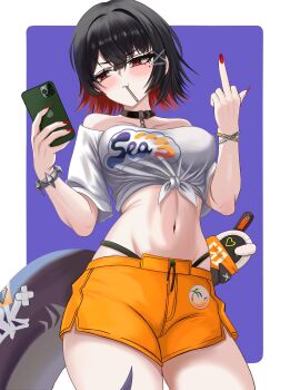 1girl :i absurdres alarming-pause9894 bangboo_(zenless_zone_zero) bare_shoulders belle_(summer_skies)_(zenless_zone_zero) belle_(zenless_zone_zero) belle_(zenless_zone_zero)_(cosplay) black_choker black_hair breasts cellphone choker clothes_writing commentary cosplay covered_erect_nipples cowboy_shot crop_top ellen_joe english_commentary eous_(zenless_zone_zero) groin highres holding holding_phone large_breasts middle_finger midriff mole mole_under_eye mouth_hold multicolored_hair nail_polish navel off-shoulder_shirt off_shoulder orange_shorts phone red_eyes red_hair red_nails shirt short_shorts short_sleeves shorts smartphone solo standing stomach thighs tied_shirt two-tone_hair white_shirt zenless_zone_zero