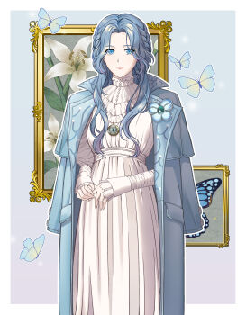Rule 34 | 1girl, absurdres, blue background, blue butterfly, blue coat, blue eyes, blue hair, border, braid, bug, butterfly, coat, commentary, dress, english commentary, hair intakes, highres, insect, irithyll8157351, lies of p, long hair, open clothes, open coat, outside border, overcoat, painting (object), pink lips, side braids, solo, sophia monad, standing, wavy hair, white border, white dress
