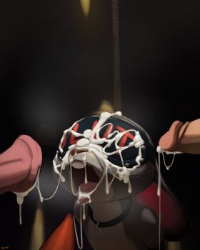 1girl 3boys animal_penis artist_name artist_request blindfold body_writing bukkake choker cum ejaculation furry furry_female judy_hopps multiple_boys penis tongue tongue_out zootopia