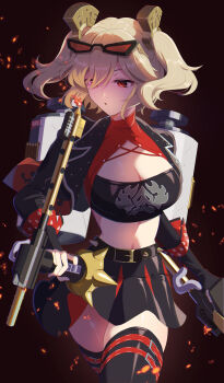 Rule 34 | 1girl, absurdres, belt, black background, black belt, black jacket, black skirt, black thighhighs, black tube top, blonde hair, blowing, breasts, burnice white, cleavage, cleavage cutout, clothing cutout, commentary request, cropped jacket, eyewear on head, fire, flamethrower, gas cylinder, hair ornament, highres, holding, holding flamethrower, holding weapon, jacket, large breasts, long hair, miniskirt, open clothes, open jacket, open mouth, red-tinted eyewear, red eyes, ruaruayana, simple background, skirt, solo, spiked belt, spiked jacket, strapless, sunglasses, thighhighs, thighs, tinted eyewear, tube top, two side up, weapon, zenless zone zero
