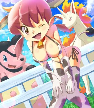 1girl animal_ears animal_print bikini blue_sky breasts cleavage collar cow_ears cow_horns cow_print cow_print_bikini cowbell elbow_gloves female_focus fence gen_1_pokemon gen_2_pokemon gloves grass hands_on_own_knees horns large_breasts leaning_forward looking_at_viewer miltank nintendo one_eye_closed open_mouth paraiso551 pink_eyes pink_hair pokemon pokemon_(creature) pokemon_gsc print_bikini print_gloves print_thighhighs rapidash short_hair side-tie_bikini_bottom sky smile solo swimsuit tail thighhighs twintails whitney_(pokemon) wink