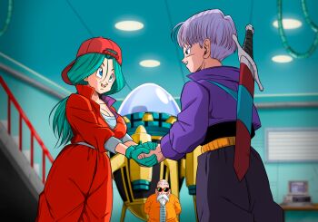 1boy 1girl absurdres bald beard blue_eyes bodysuit breasts bulma bulma_(future) carrying_over_shoulder cleavage dragon_ball dragonball_z facial_hair gloves green_hair highres holding_hands indoors jacket large_breasts legs long_hair looking_at_another low_ponytail machine mother_and_son muten_roushi old old_man open_mouth ponytail purple_hair short_hair stairs standing sunglasses sword thighs trunks_(dragon_ball) trunks_(future)_(dragon_ball) weapon yamamoto_doujin