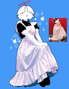 Rule 34 | 1girl, absurdres, ahoge, alternate costume, angel, apron, black dress, black outline, black shoes, blue background, blush stickers, buttons, chewchewer, closed eyes, commentary, detached ahoge, dress, frilled apron, frills, halo, highres, maid, maid apron, microsoft paint (medium), nyan (chewchewer), open mouth, original, outline, red halo, reference inset, sheos, shoes, simple background, sitting, smile, solo, sparkle, star (symbol), symbol-only commentary, white apron