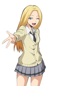 1girl :d anime_coloring ansatsu_kyoushitsu black_necktie blonde_hair blue_eyes breasts cardigan collared_shirt cowboy_shot grey_skirt higami_aya highres kunugigaoka_middle_school_uniform long_hair long_sleeves miniskirt nakamura_rio necktie official_art one_eye_closed open_mouth outstretched_arm reaching reaching_towards_viewer school_uniform shirt simple_background skirt smile solo tachi-e teeth thighs transparent_background upper_teeth_only white_shirt