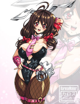 alternate_costume animal_ear_hairband animal_ears arm_behind_head artist_name black_leotard bow breasts brown_hair brown_pantyhose clothing_cutout commentary cowboy_shot cuffs fake_animal_ears fake_tail fishnet_pantyhose fishnets hair_bow hairband hand_on_own_hip handcuffs heart_cutout karosu_maker kono_subarashii_sekai_ni_shukufuku_wo! large_breasts leotard long_hair necktie open_mouth paid_reward_available pantyhose pink_necktie playboy_bunny rabbit_ear_hairband rabbit_ears rabbit_tail red_bow red_eyes smile standing strapless strapless_leotard tail teeth thigh_strap tie_clip upper_teeth_only yunyun_(konosuba) zoom_layer