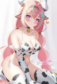 1girl absurdres animal_ears animal_print arm_under_breasts bare_shoulders bell bikini black_choker blush breasts choker cleavage closed_mouth collarbone commentary_request cow_ears cow_girl cow_horns cow_print cow_print_bikini cow_print_gloves cow_print_thighhighs cowbell ear_bell elbow_gloves genshin_impact gloves hair_between_eyes highres horns hyakuya_iori long_hair looking_at_viewer medium_breasts neck_bell pink_hair print_bikini print_gloves print_thighhighs purple_eyes side-tie_bikini_bottom signature sitting solo stomach swimsuit thighhighs twitter_username varesa_(genshin_impact) very_long_hair