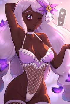 1girl alternate_costume arm_behind_head armpits breasts choker commentary curvy dark-skinned_female dark_skin english_commentary evomanaphy eyelashes fishnet_leotard fishnets hand_up heart highleg highleg_leotard highres jacinthe_(pokemon) leotard long_hair looking_at_viewer nintendo one_eye_closed pokemon pokemon_legends:_z-a purple_eyes shiny_skin solo spoken_heart thighhighs thong_leotard tilted_headwear twitter_username very_long_hair watermark wide_hips