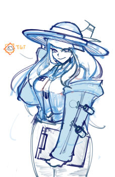 1girl absurdres ace_combat aircraft airplane awacs bare_shoulders clipboard curvy fluffy_hair ftsagy hat highres jet large_hat military_vehicle necktie non-web_source original personification puffy_sleeves shirt sketch sleeveless sleeveless_shirt smile standing wings