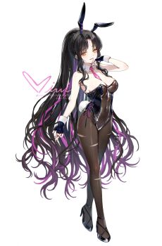 1girl animal_ears black_gloves black_hair black_leotard blush breasts brown_pantyhose commentary_request covered_navel detached_collar facial_mark fake_animal_ears fate/grand_order fate_(series) fingerless_gloves forehead_mark full_body gloves grin high_ponytail highleg highleg_leotard highres large_breasts leotard long_hair looking_at_viewer multicolored_hair necktie pantyhose parted_bangs pink_hair playboy_bunny ponytail rabbit_ears rabbit_tail revision sessyoin_kiara sessyoin_kiara_(swimsuit_mooncancer)_(second_ascension) sidelocks siiqa_vivi smile solo streaked_hair tail torn_clothes torn_pantyhose very_long_hair wrist_cuffs yellow_eyes